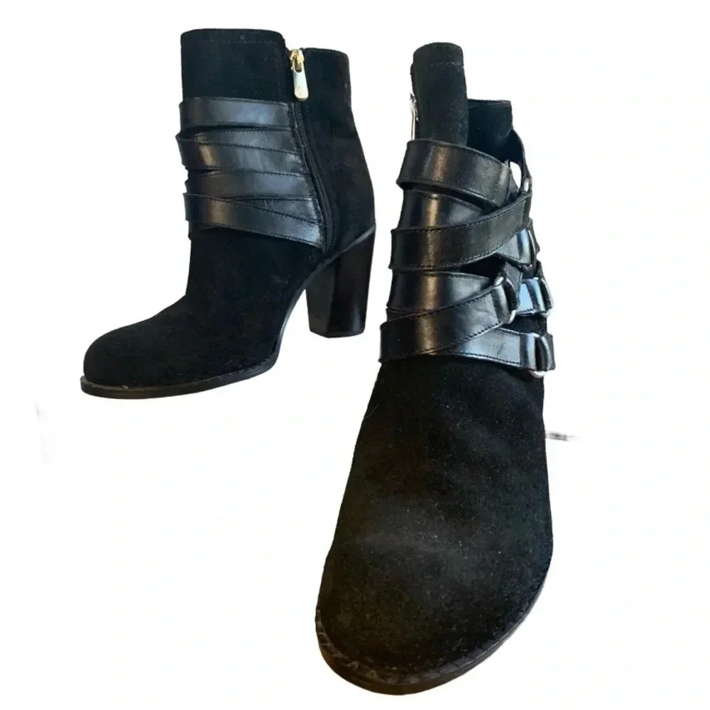Adrienne Vittadini Black Suede Booties with Leather Strap Side Detailing. Size 8